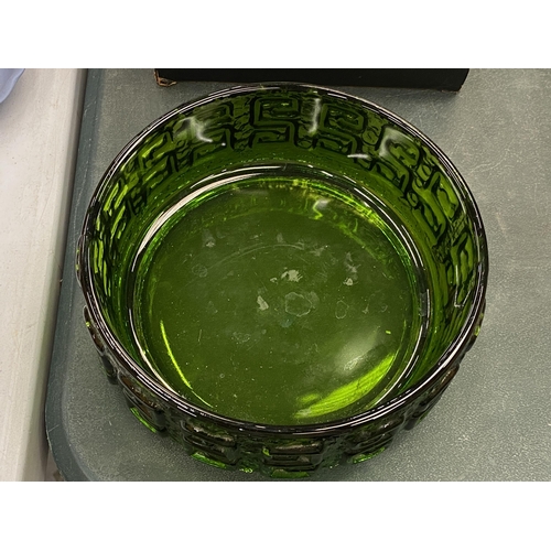 133 - A WHITEFRIARS GREEN GLASS BOWL, DIAMETER 19.5CM