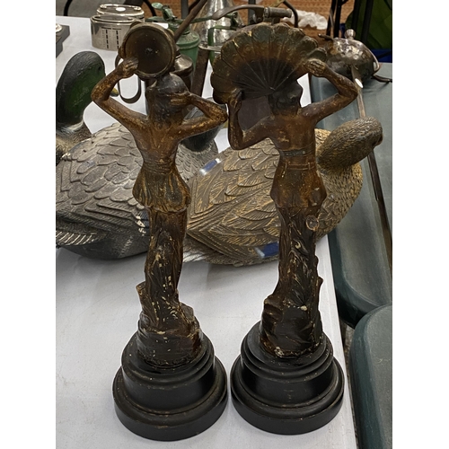 137 - TWO FRENCH SPELTER LADIES ON PLINTHS, HEIGHT 35CM