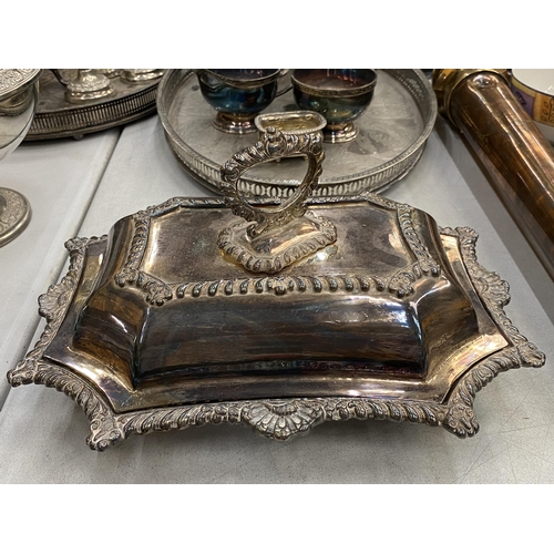 144 - A LARGE QUANTITY OF SILVER PLATED ITEMS TO INCLUDE GALLERIED TRAYS, A ROSE BOWL, TEAPOTS, VASES, CAN... 