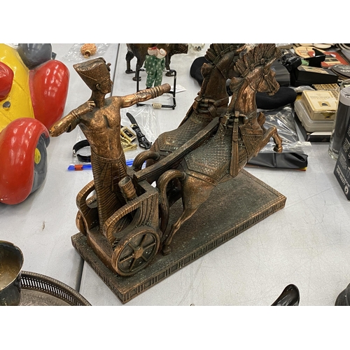 146 - A COPPER EFFECT HORSE AND CHARIOT MODEL, HEIGHT 27CM