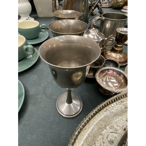 198 - A LARGE QUANTITY OF VINTAGE SILVER PLATED ITEMS TO INCLUDE GALLERIED TRAYS, GOBLETS, CANDLEABRAS, A ... 