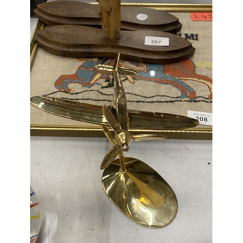 206 - A BRASS MODEL OF A SPITFIRE, HEIGHT 13CM