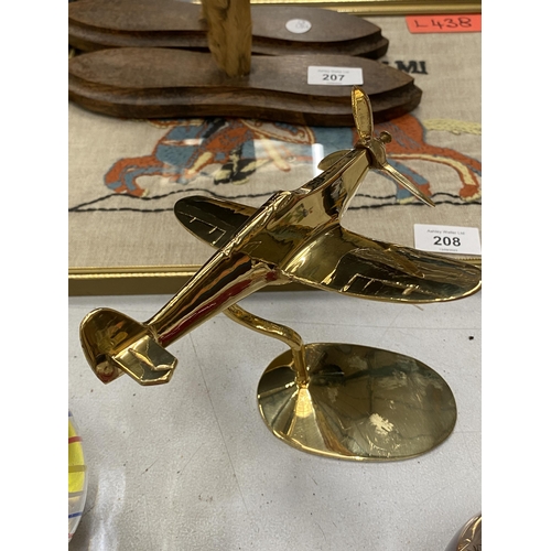 206 - A BRASS MODEL OF A SPITFIRE, HEIGHT 13CM