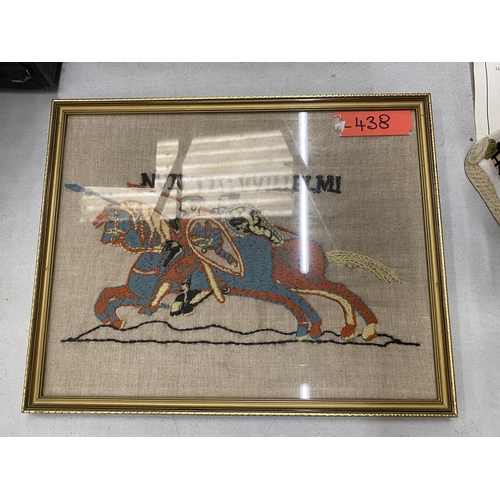 208 - A FRAMED WOOLWORK TAPESTRY OF JOUSTING HORSES