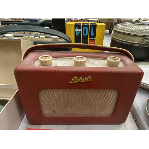 216 - A PAIR OF REVUE AND DENHILL BINOCULARS IN CASES, TWO VINTAGE ROBERTS RADIOS PLUS TWO SLIDE VIEWERS