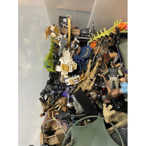 396 - A LARGE MIXED LOT TO INCLUDE PLASTIC DRAGONS, ANIMALS, SOLDIERS, ACTION MAN, CARS, ETC.,