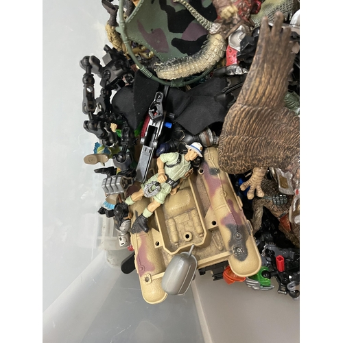 396 - A LARGE MIXED LOT TO INCLUDE PLASTIC DRAGONS, ANIMALS, SOLDIERS, ACTION MAN, CARS, ETC.,