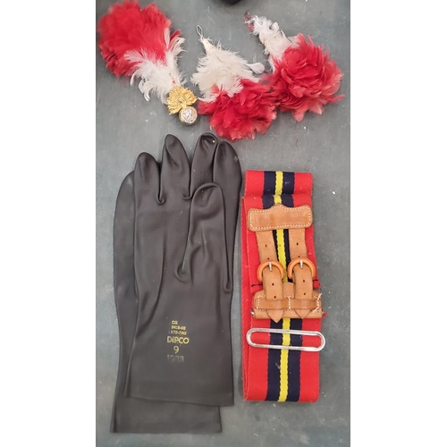 236 - THREE MILITARY HAT PLUMES, DIPCO GLOVES AND MILITARY BELT