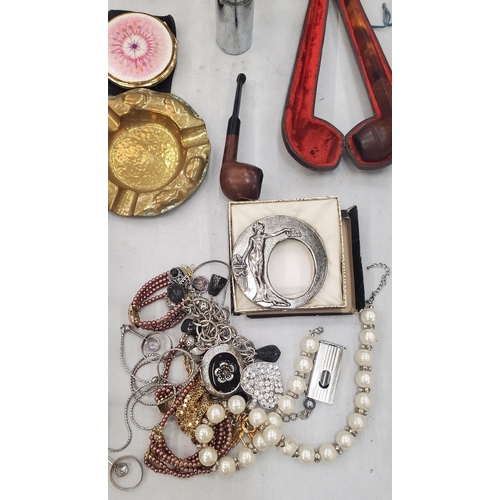 242 - A MIXED LOT TO INCLUDE PIPES, COSTUME JEWELLERY, TRAVEL CLOCK ETC