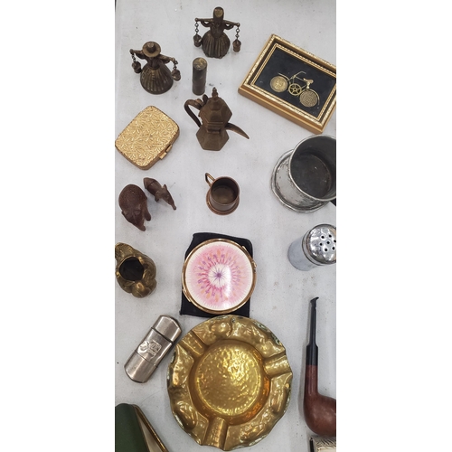 242 - A MIXED LOT TO INCLUDE PIPES, COSTUME JEWELLERY, TRAVEL CLOCK ETC