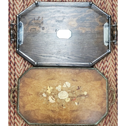 243 - TWO VINTAGE DRINKS TRAYS - OAK AND SILVER PLATE AND INLAID EXAMPLE