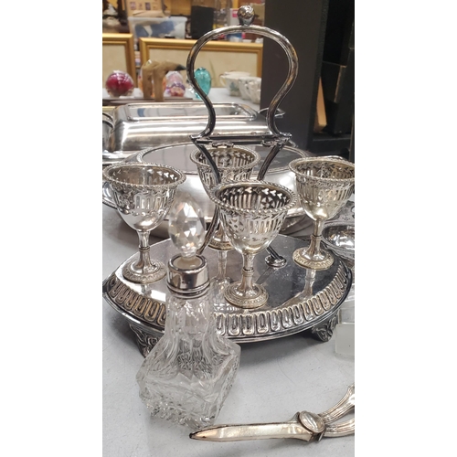 249 - A COLLECTION OF VINTAGE SILVER PLATED ITEMS, TUREENS, EGG STAND ETC