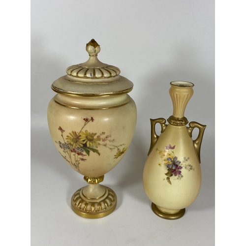 120 - TWO ANTIQUE ROYAL WORCESTER HAND PAINTED BLUSH IVORY ITEMS, LIDDED JAR AND TWIN HANDLED VASE, HEIGHT... 