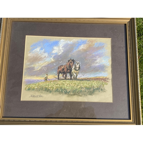 125 - A COLLECTION OF FOUR NORTHERN ARTIST ROBERT LEE ORIGINAL PAINTINGS, PASTEL HORSE AND CART, OIL OF A ... 