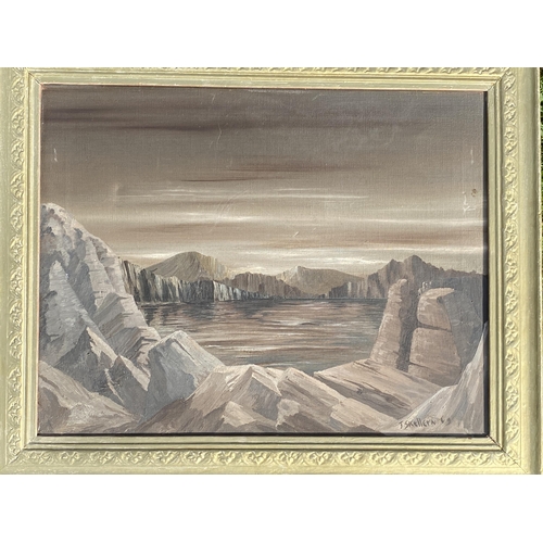 126 - A GILT FRAMED OIL ON BOARD BY J.SKELLEN, DATED 1969, OF A QUARRY SCENE, 45 X 55CM