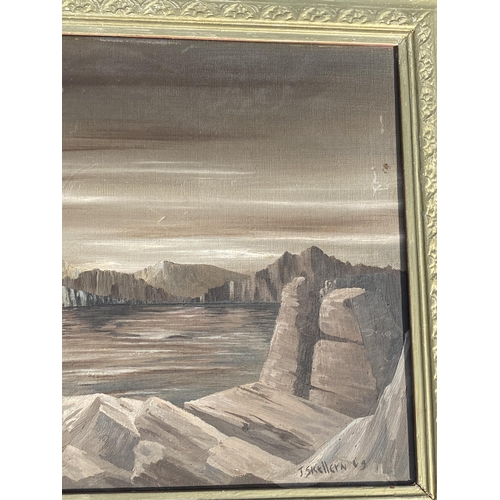 126 - A GILT FRAMED OIL ON BOARD BY J.SKELLEN, DATED 1969, OF A QUARRY SCENE, 45 X 55CM