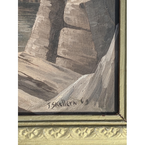 126 - A GILT FRAMED OIL ON BOARD BY J.SKELLEN, DATED 1969, OF A QUARRY SCENE, 45 X 55CM