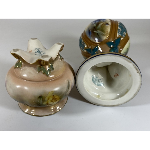 127 - TWO HADLEYS HAND PAINTED BLUSH IVORY ITEMS, PEDESTAL URN (RESTORATION TO NECK) AND SMALL POT