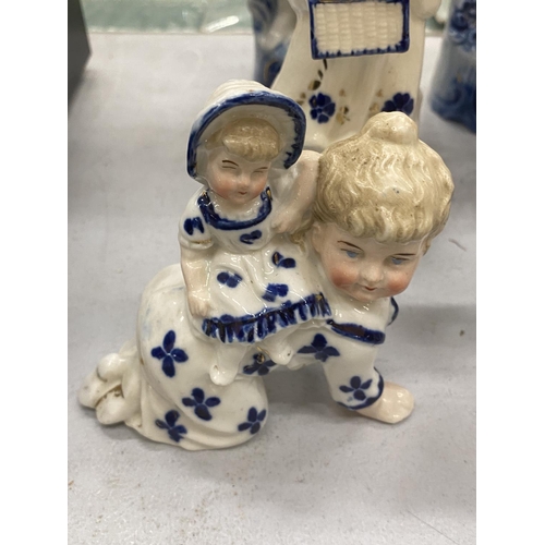 223 - A GROUP OF SIX CONTINENTAL BLUE AND WHITE PORCELAIN FIGURES, LARGEST HEIGHT 23CM