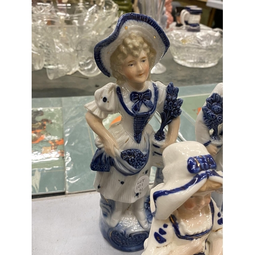 223 - A GROUP OF SIX CONTINENTAL BLUE AND WHITE PORCELAIN FIGURES, LARGEST HEIGHT 23CM