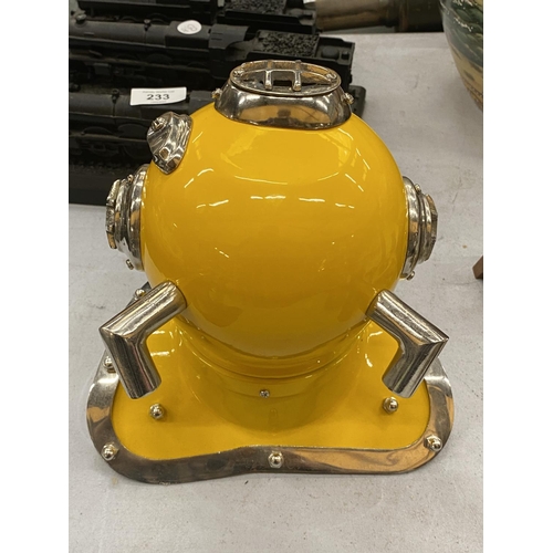 232 - A CHROME AND YELLOW DIVERS HELMET