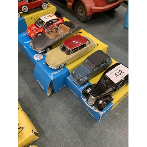 432 - FIVE BOXED CORGI 'A CENTURY OF CARS' TO INCLUDE A CITROEN XSARA, 2CV, 15CV, DS AND SM PRESIDENTIELLE