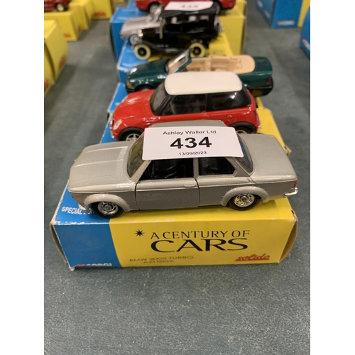 434 - THREE BOXED CORGI 'A CENTURY OF CARS' TO INCLUDE A BMW 3 SERIES, A BMW 2002 TURBO AND A MINI