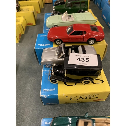 435 - FIVE BOXED CORGI 'A CENTURY OF CARS' TO INCLUDE A FORD V8, A, MUSTANG, T BIRD AND TANUS