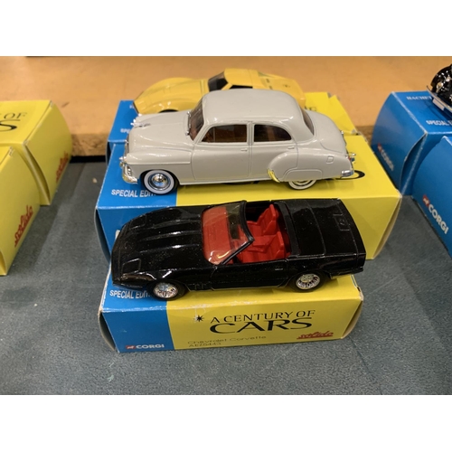 436 - THREE BOXED CORGI 'A CENTURY OF CARS' TO INCLUDE A CHEVROLET CORVETTE, 1950, AND A CORVETTE JNI