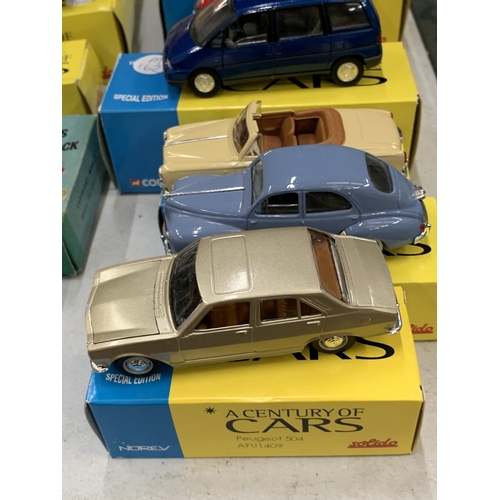 443 - FOUR BOXED CORGI 'A CENTURY OF CARS' TO INCLUDE A PEUGEOT 504, 403 CABRIOLET, 806 AND 203