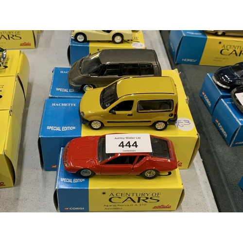 444 - THREE BOXED CORGI 'A CENTURY OF CARS' TO INCLUDE A RENAULT A130, KANGOO AND ESPACE