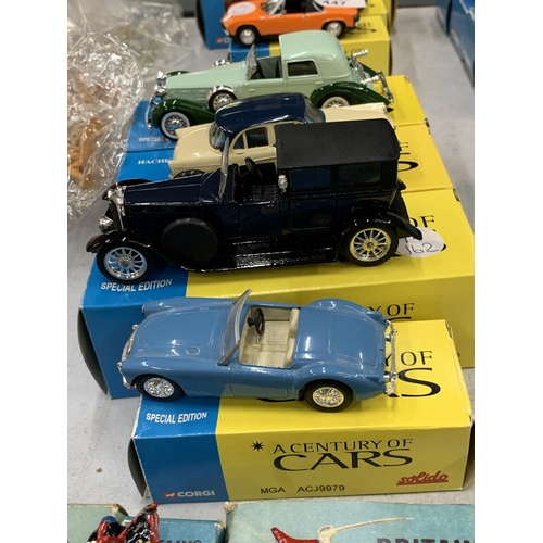 446 - FOUR BOXED CORGI 'A CENTURY OF CARS' TO INCLUDE AN MGA, SIMBA, DELOGE COUP DE VILLE AND A PANHARD ET... 