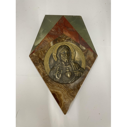 15 - A VINTAGE BRASS AND MARBLE RELIGIOUS ICON