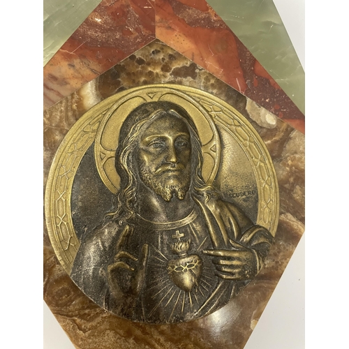 15 - A VINTAGE BRASS AND MARBLE RELIGIOUS ICON