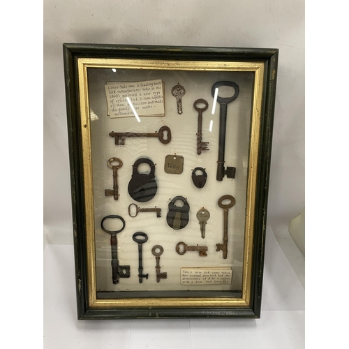 16 - A FRAMED LOCK AND KEY DISPLAY