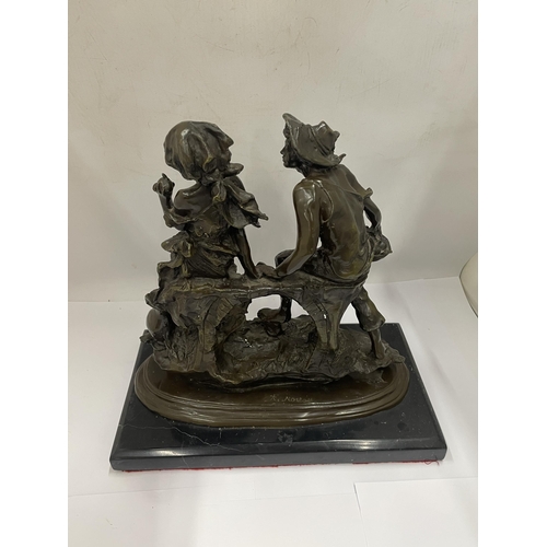 2 - A BRONZE FIGURE GROUP OF A MAN AND LADY ON MARBLE BASE, SIGNED, HEIGHT 34CM