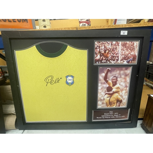 22 - A FRAMED PELE FOOTBALL MONTAGE WITH SIGNED SHIRT, WITH ALL STAR SIGNINGS CERTIFICATE OF AUTHENTICITY