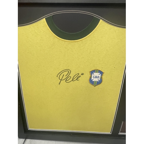 22 - A FRAMED PELE FOOTBALL MONTAGE WITH SIGNED SHIRT, WITH ALL STAR SIGNINGS CERTIFICATE OF AUTHENTICITY