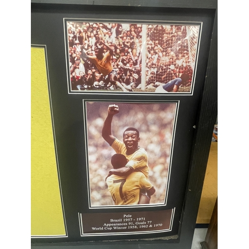 22 - A FRAMED PELE FOOTBALL MONTAGE WITH SIGNED SHIRT, WITH ALL STAR SIGNINGS CERTIFICATE OF AUTHENTICITY