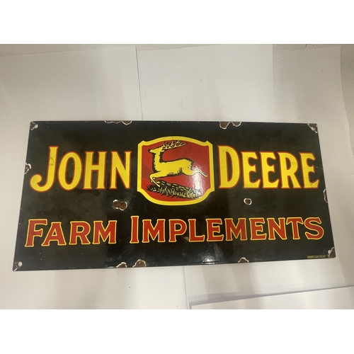 28 - A JOHN DEERE FARM IMPLEMENTS ENAMEL SIGN, 44 X 21CM