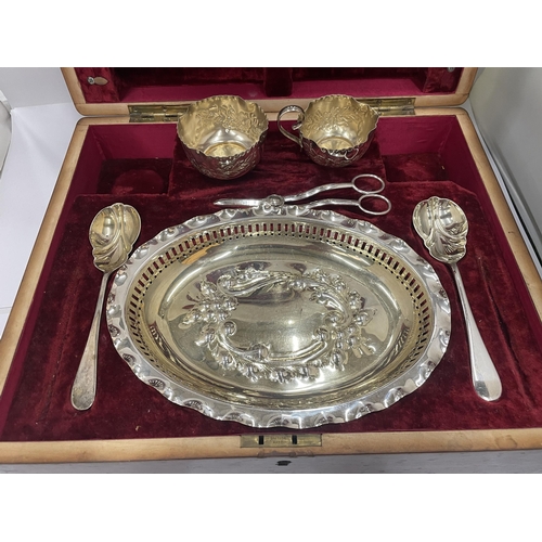 3 - A VINTAGE OAK CASED CANTEEN SERVING SET WITH SILVER PLATED DISH, SERVERS AND CUPS AND CUTLERY WITH H... 