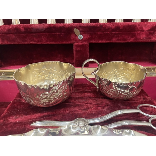 3 - A VINTAGE OAK CASED CANTEEN SERVING SET WITH SILVER PLATED DISH, SERVERS AND CUPS AND CUTLERY WITH H... 