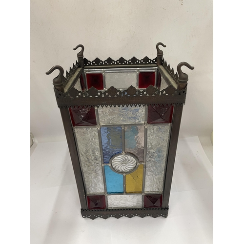 46 - A VINTAGE COLOURED AND LEADED GLASS LANTERN, GLASS A/F, HEIGHT 31CM