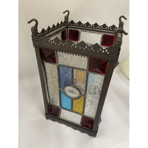 46 - A VINTAGE COLOURED AND LEADED GLASS LANTERN, GLASS A/F, HEIGHT 31CM