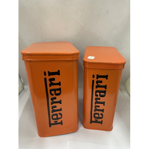 49 - TWO ORANGE METAL FERRARI PETROL CAN STORAGE BOXES