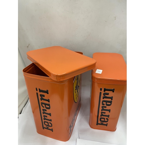 49 - TWO ORANGE METAL FERRARI PETROL CAN STORAGE BOXES