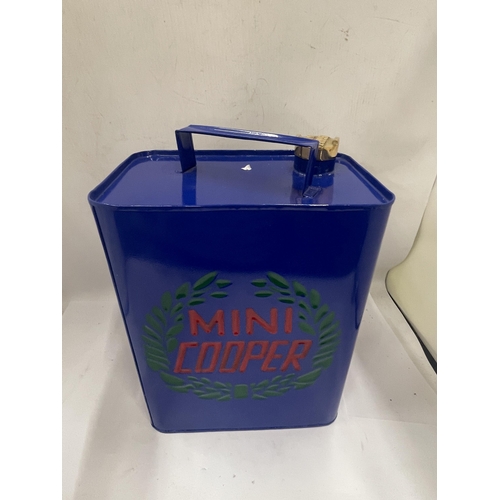 57 - A BLUE MINI COOPER PETROL CAN WITH BRASS TOP