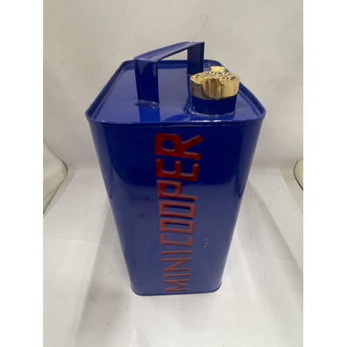 57 - A BLUE MINI COOPER PETROL CAN WITH BRASS TOP