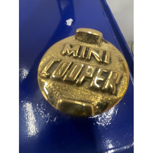 57 - A BLUE MINI COOPER PETROL CAN WITH BRASS TOP