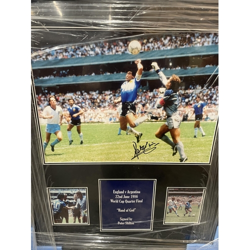 61 - A FRAMED 1986 WORLD CUP 'HAND OF GOD' PHOTO SIGNED BY PETER SHILTON, WITH ALL STAR SIGNINGS CERTIFIC... 